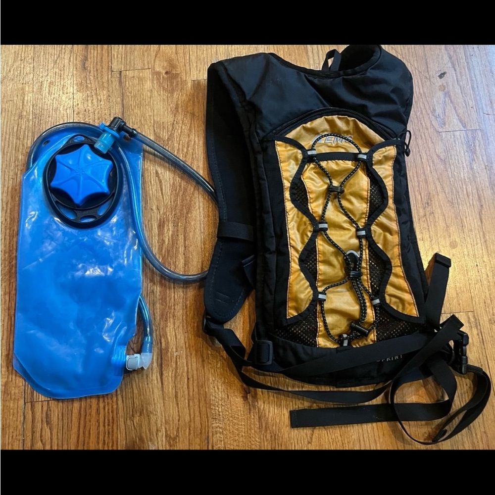 EMS Black and Gold Hydration Backpack with Blue bladder Reservoir